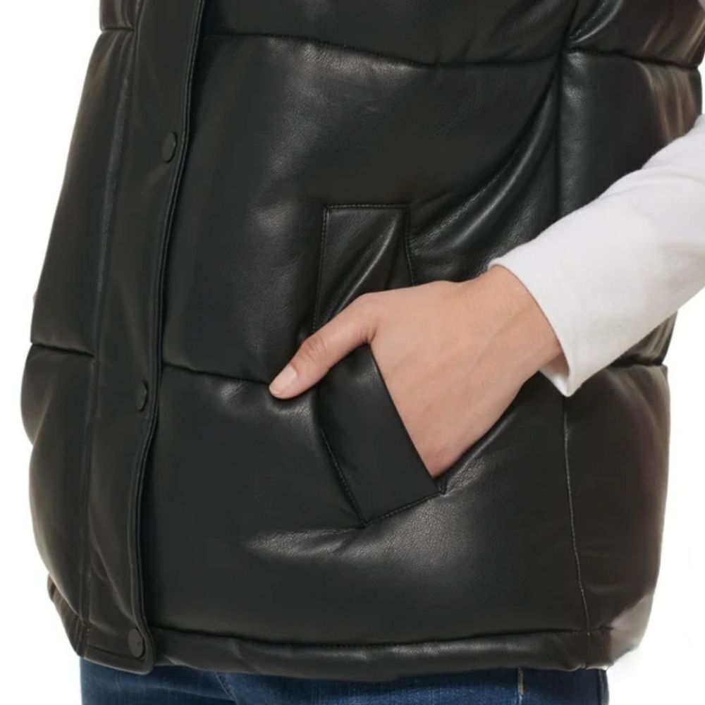 Marc New York Women's L Faux Leather Mock Neck Zip Puffer Vest Pockets Black NWT - Picture 5 of 7